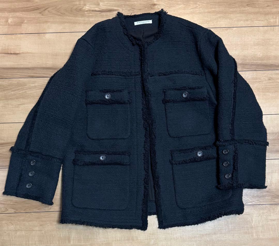 beauty&youth コットンツイードノーカラージャケット　黒　Mサイズ