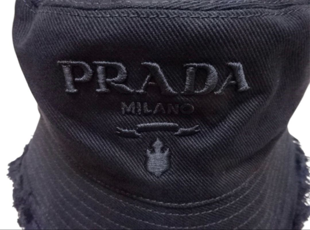 PRADA プラダ ドリル バケットハット フリンジ加工 L ブラック