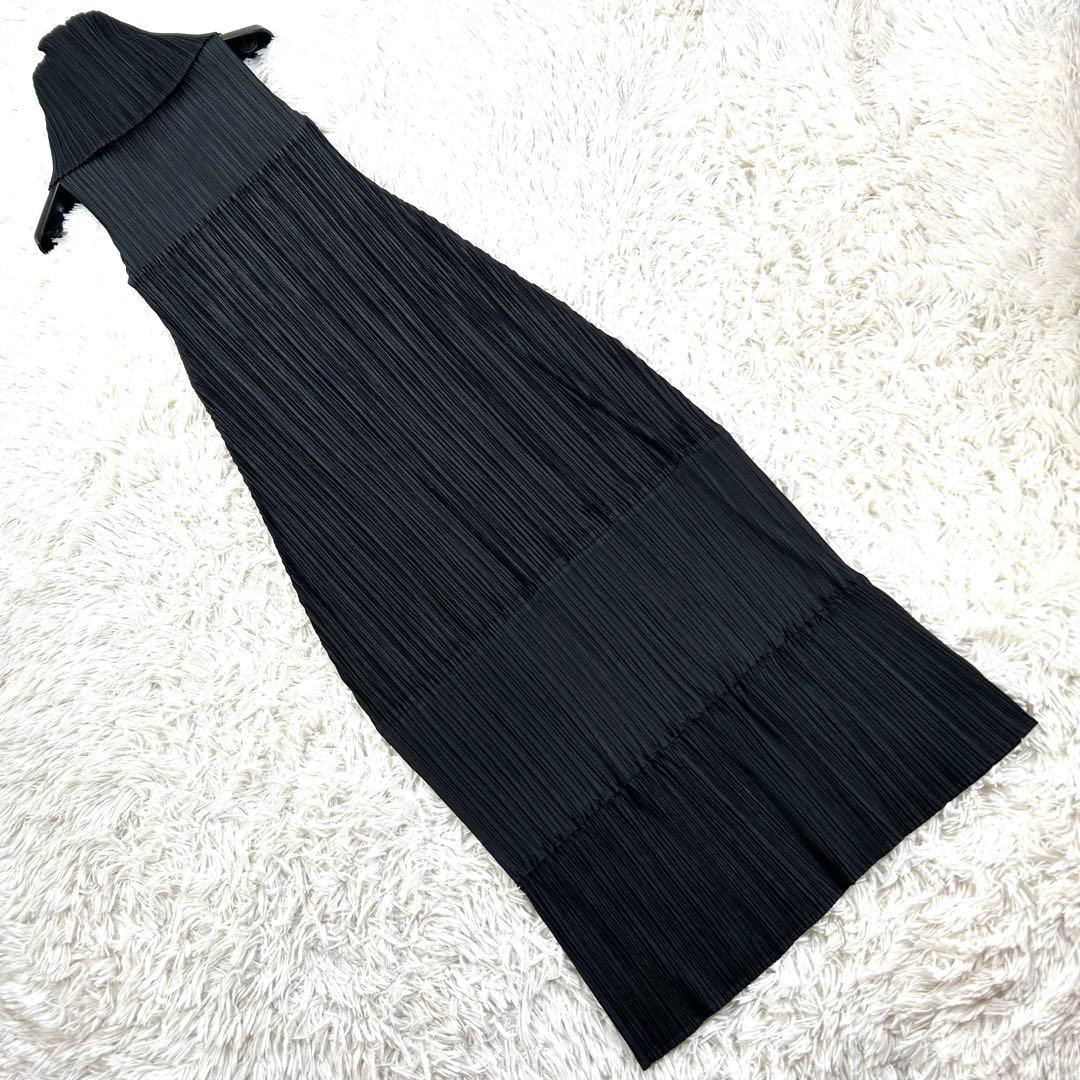 【美品】プリーツプリーズ ハイネック マキシ丈ノースリーブワンピース 黒 2