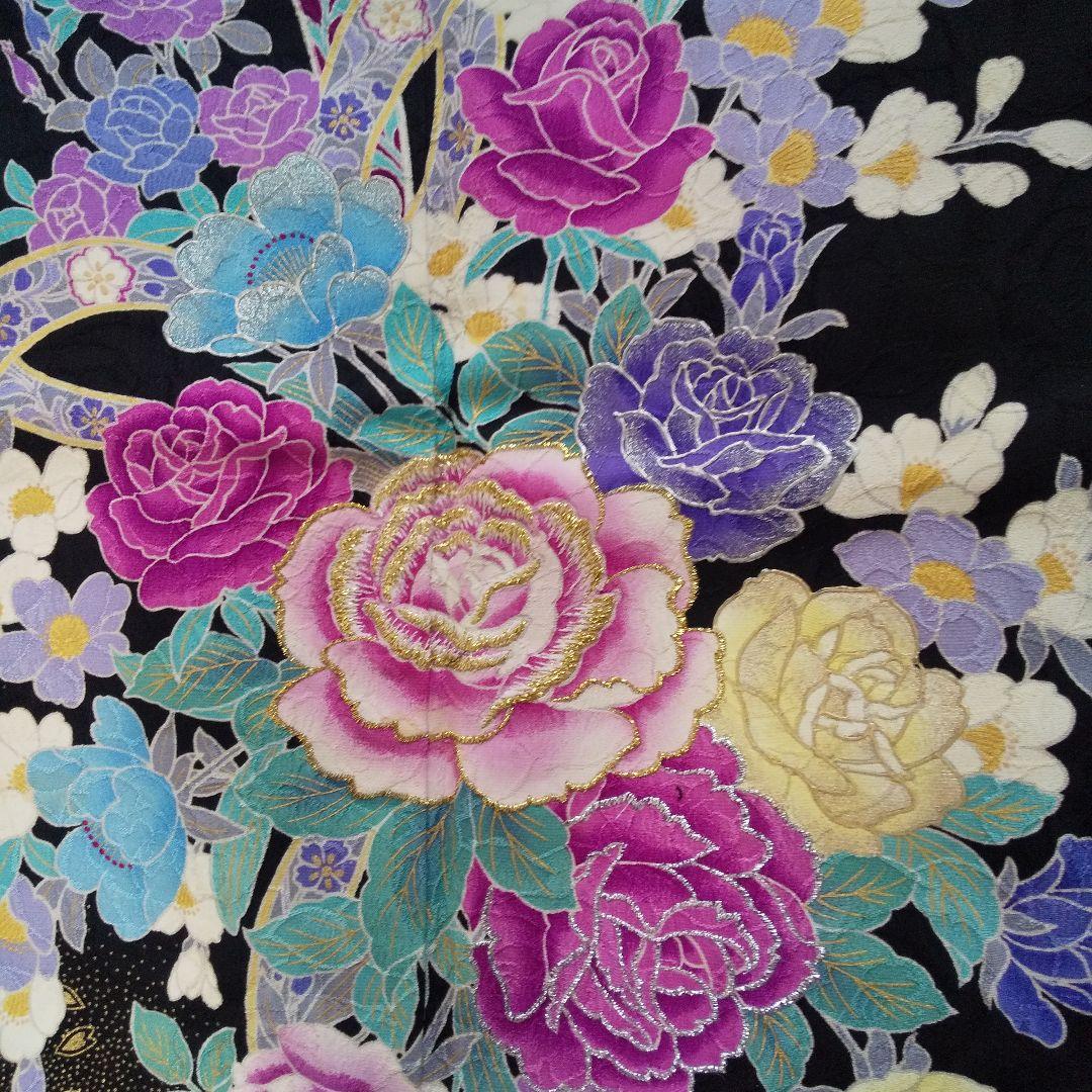 ++++黒紫薔薇正絹振袖一式フルセット袋帯帯締め帯揚げ半襟 重ね襟他成人式