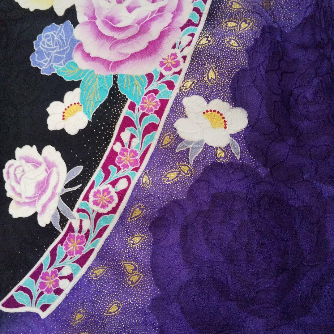 ++++黒紫薔薇正絹振袖一式フルセット袋帯帯締め帯揚げ半襟 重ね襟他成人式