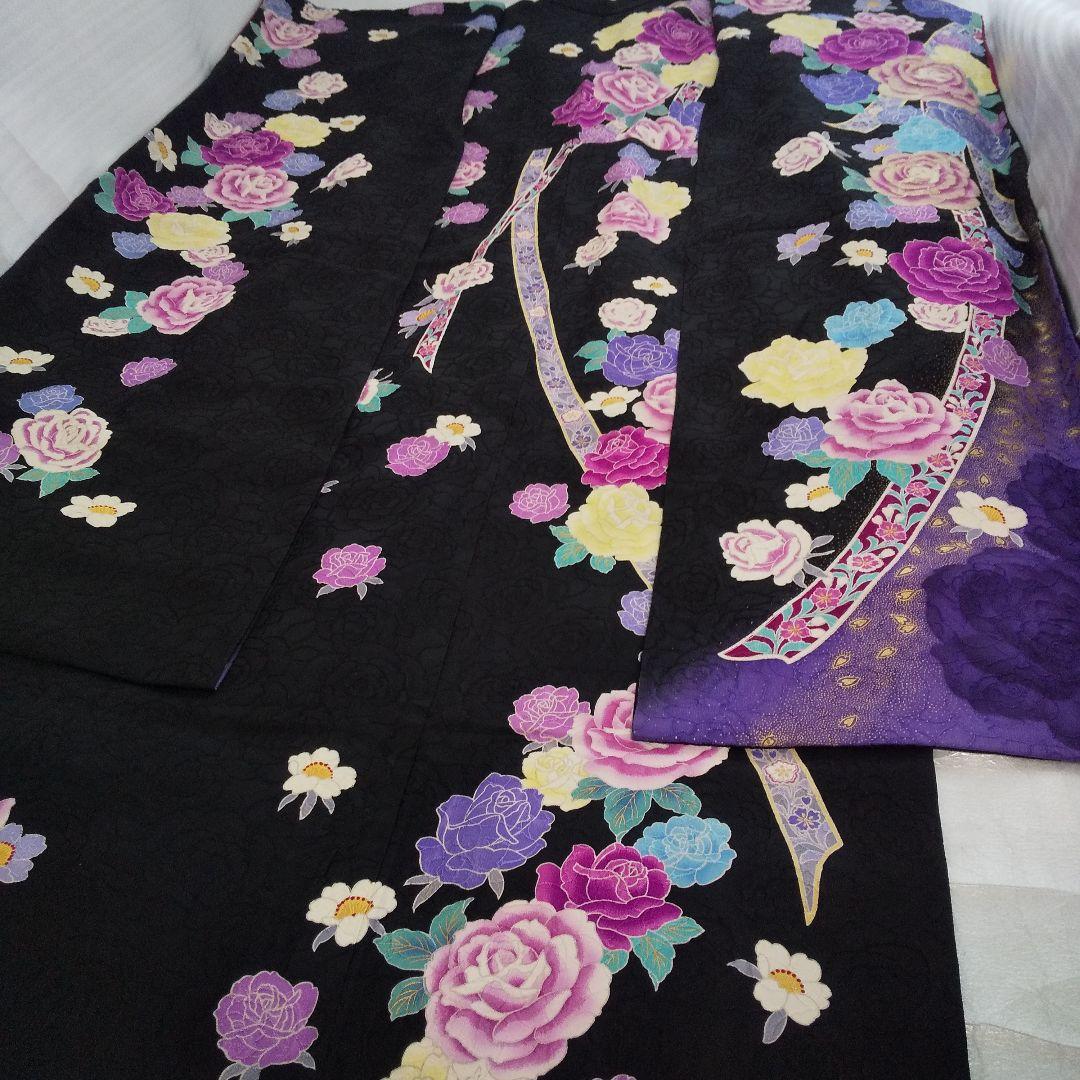++++黒紫薔薇正絹振袖一式フルセット袋帯帯締め帯揚げ半襟 重ね襟他成人式