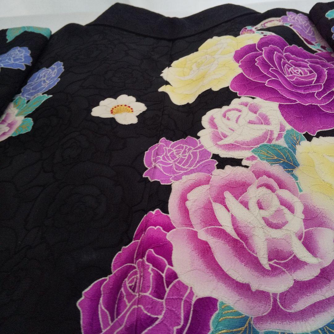 ++++黒紫薔薇正絹振袖一式フルセット袋帯帯締め帯揚げ半襟 重ね襟他成人式