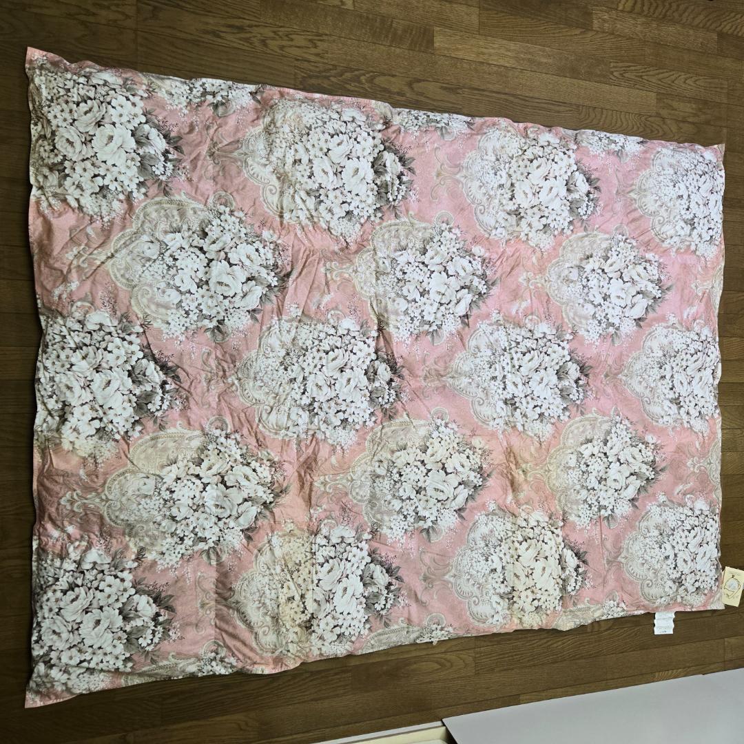 ダウンケット、シングル、羽毛、肌布団、合掛け布団、花柄ピンク掛け布団、汚れあり、