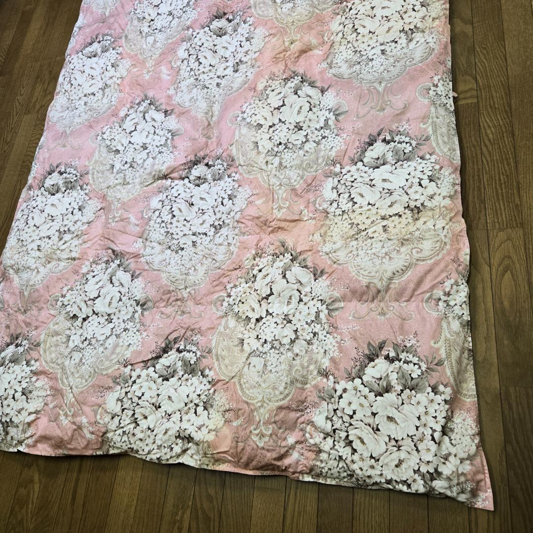 ダウンケット、シングル、羽毛、肌布団、合掛け布団、花柄ピンク掛け布団、汚れあり、