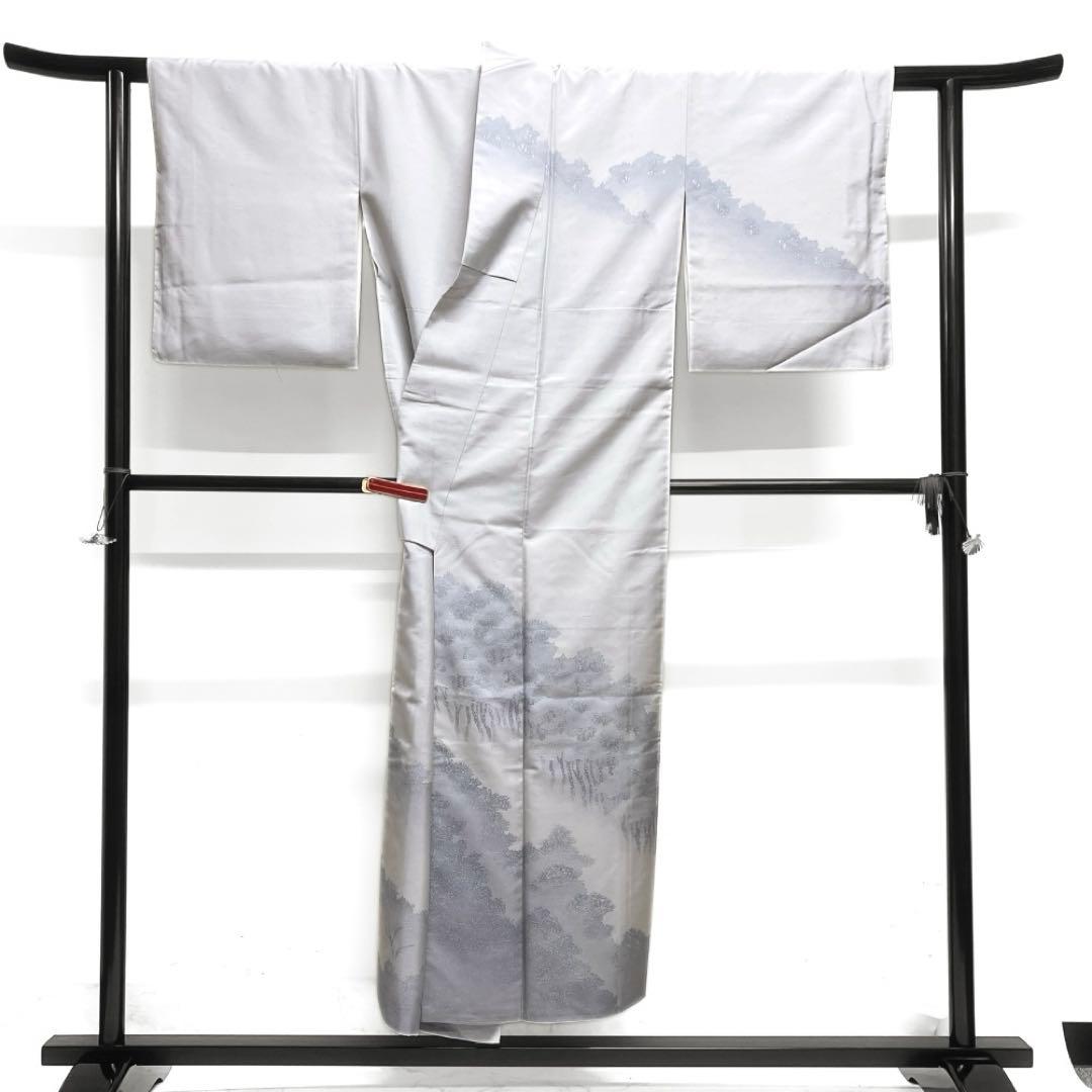 作家もの　付け下げ　牛首紬　木々文様　グレー　着物　023a d