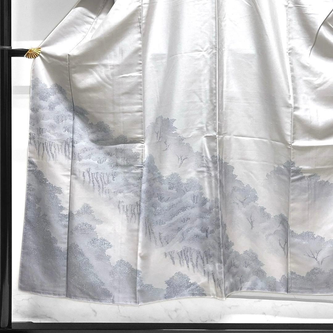 作家もの　付け下げ　牛首紬　木々文様　グレー　着物　023a d