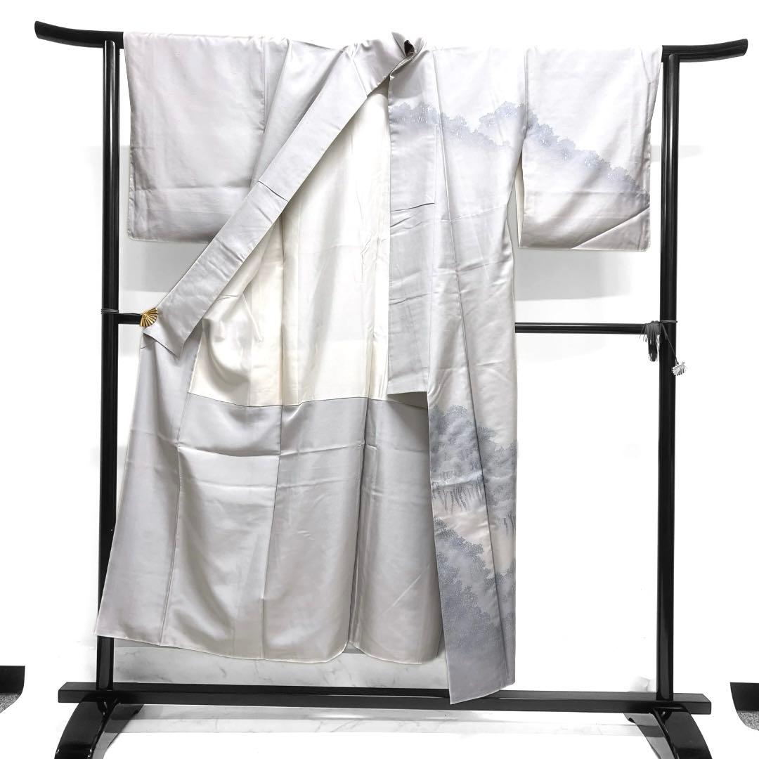 作家もの　付け下げ　牛首紬　木々文様　グレー　着物　023a d