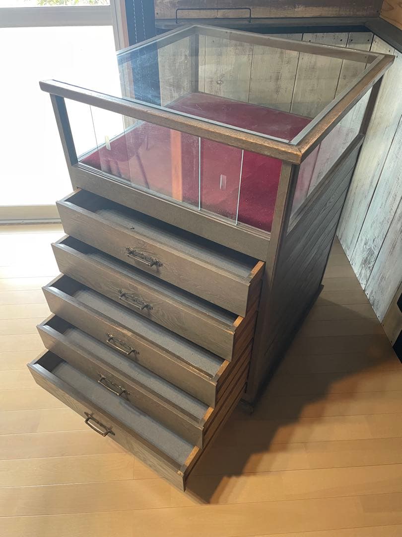 木製ディスプレイケース 5段 引き出し付き