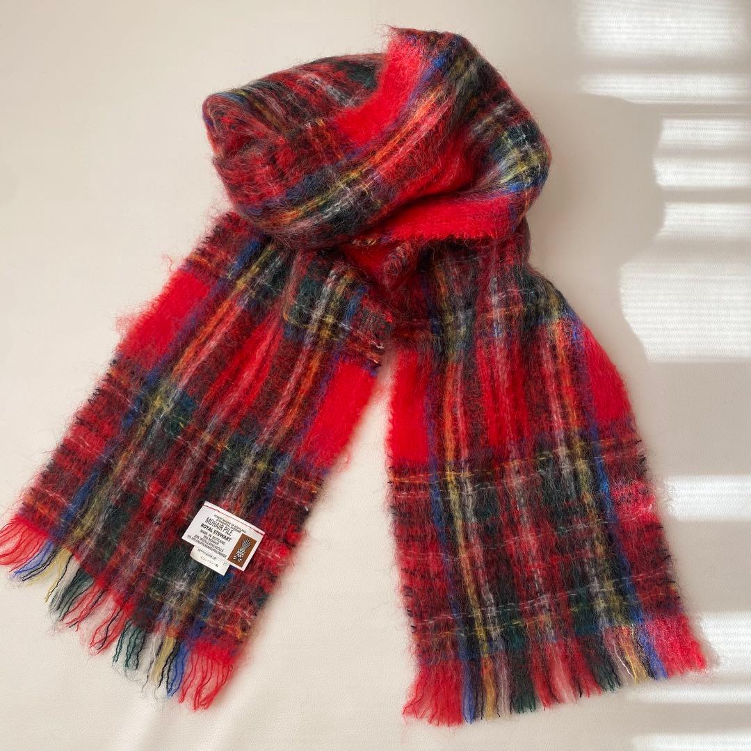 【美品】 STEWART　マフラー　タータンチェック　シャギー　モヘヤ