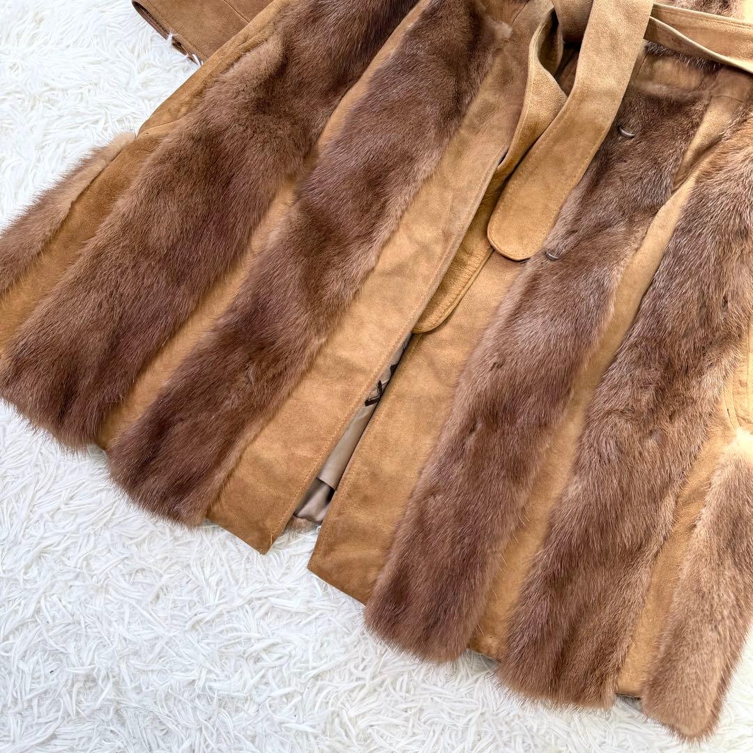 デミバフミンク×ラムレザー　ロングコート　ベルト　パステル　毛並み◎ 本毛皮