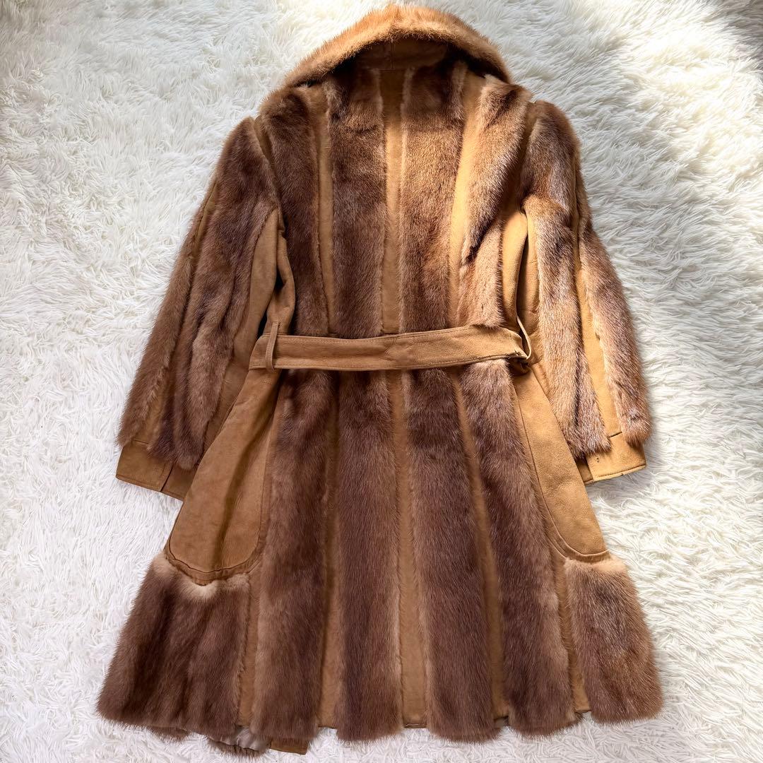 デミバフミンク×ラムレザー　ロングコート　ベルト　パステル　毛並み◎ 本毛皮