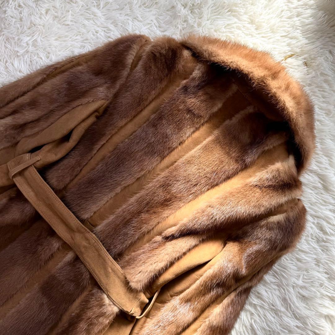 デミバフミンク×ラムレザー　ロングコート　ベルト　パステル　毛並み◎ 本毛皮