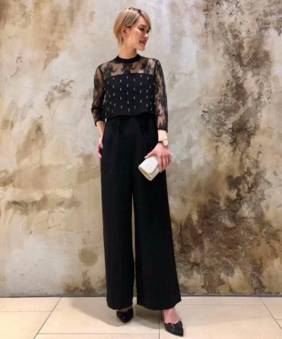 美品◆Diagramダイアグラム　刺繍ワイドサロペット　ブラック　オールインワン