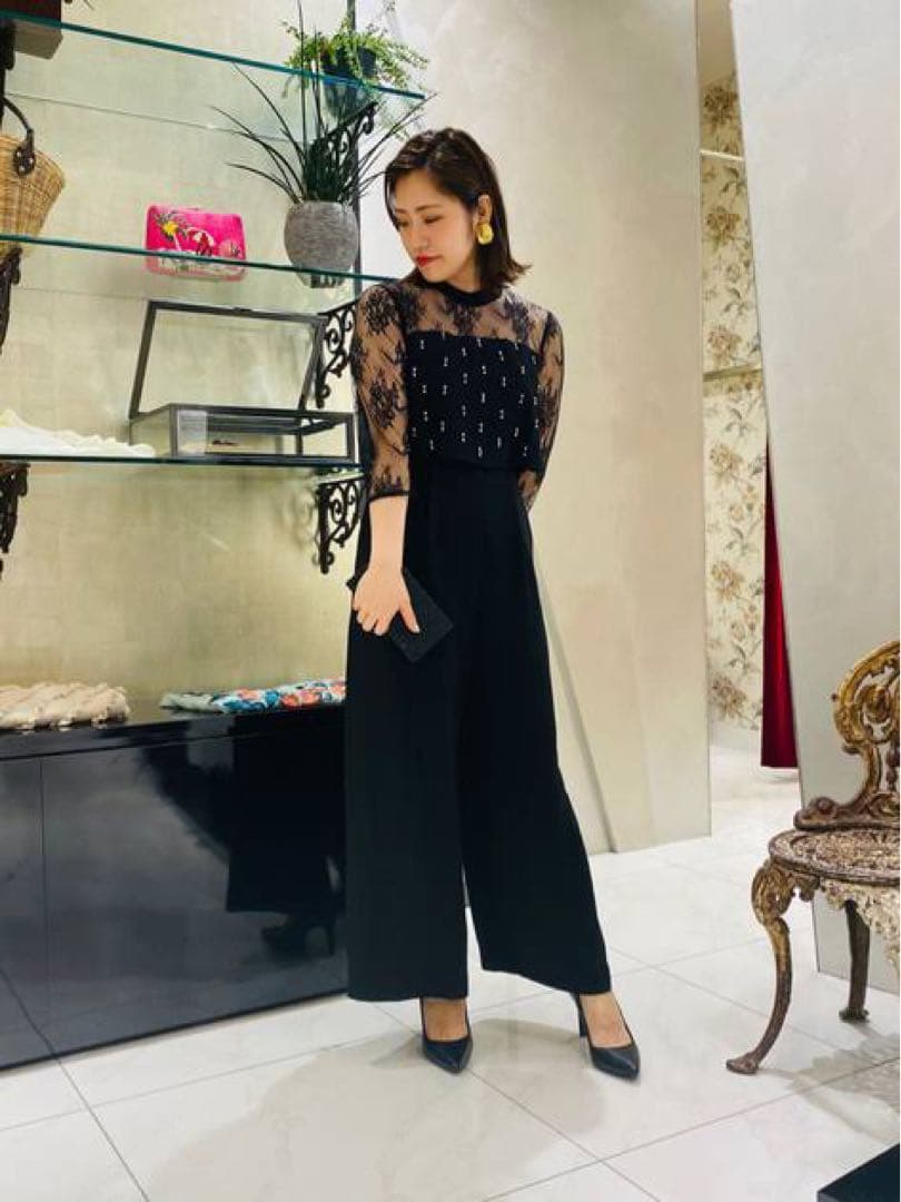 美品◆Diagramダイアグラム　刺繍ワイドサロペット　ブラック　オールインワン