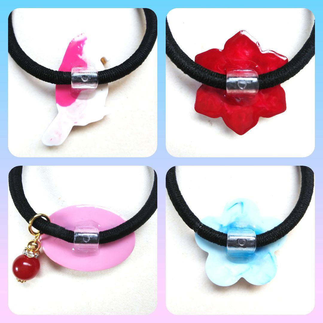 ヘアゴム レジン オーバル型 天然石レッドジェイドとミニミニ薔薇と蝶々