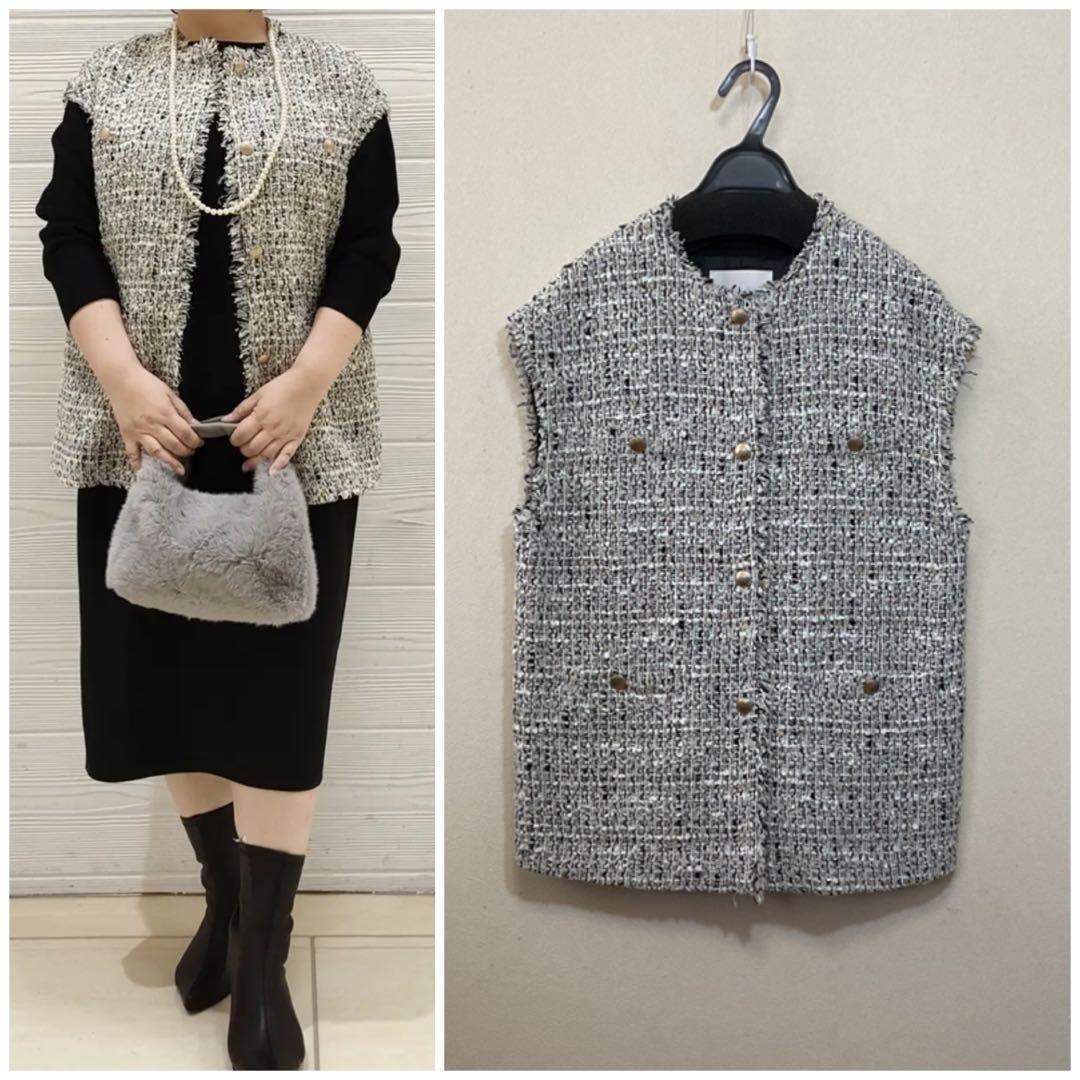 大きいサイズ 自由区 ラメキャンディーツイードジレ(23区ICBクミキョク)