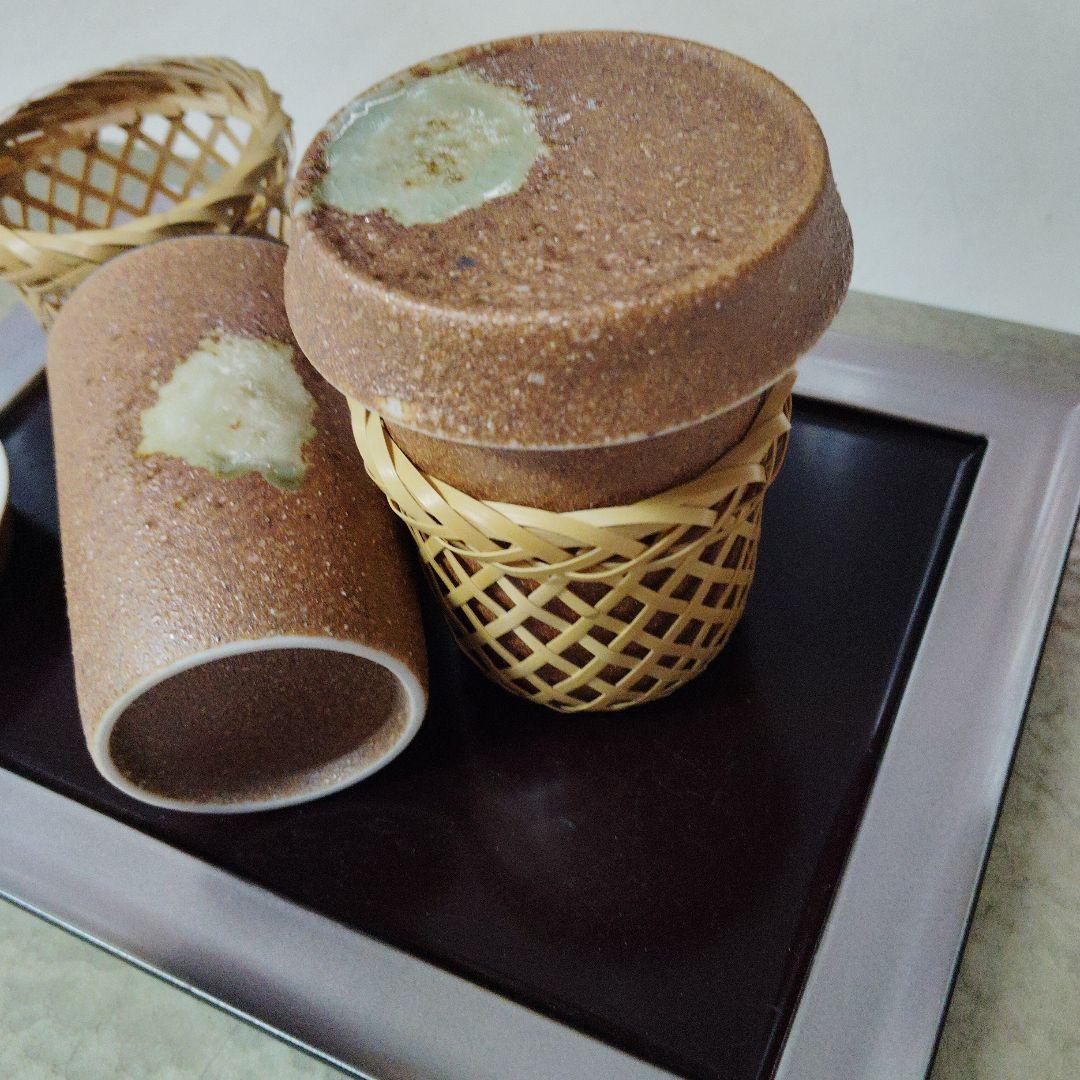 伊賀織部ひれ酒カップ4個、竹製カバー4個、新品、未使用、ひばり