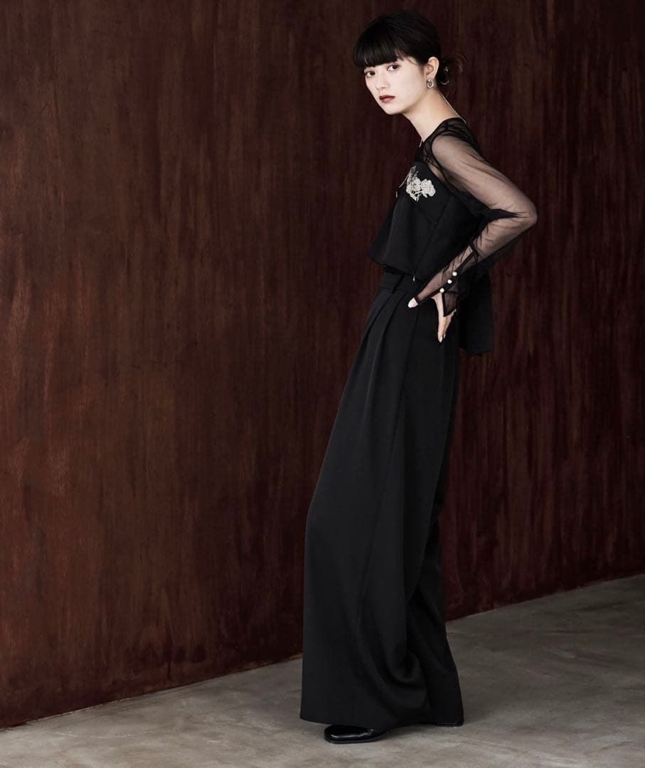 3piece刺繍リボンビスチェ&タックワイドパンツセットアップ ブラック