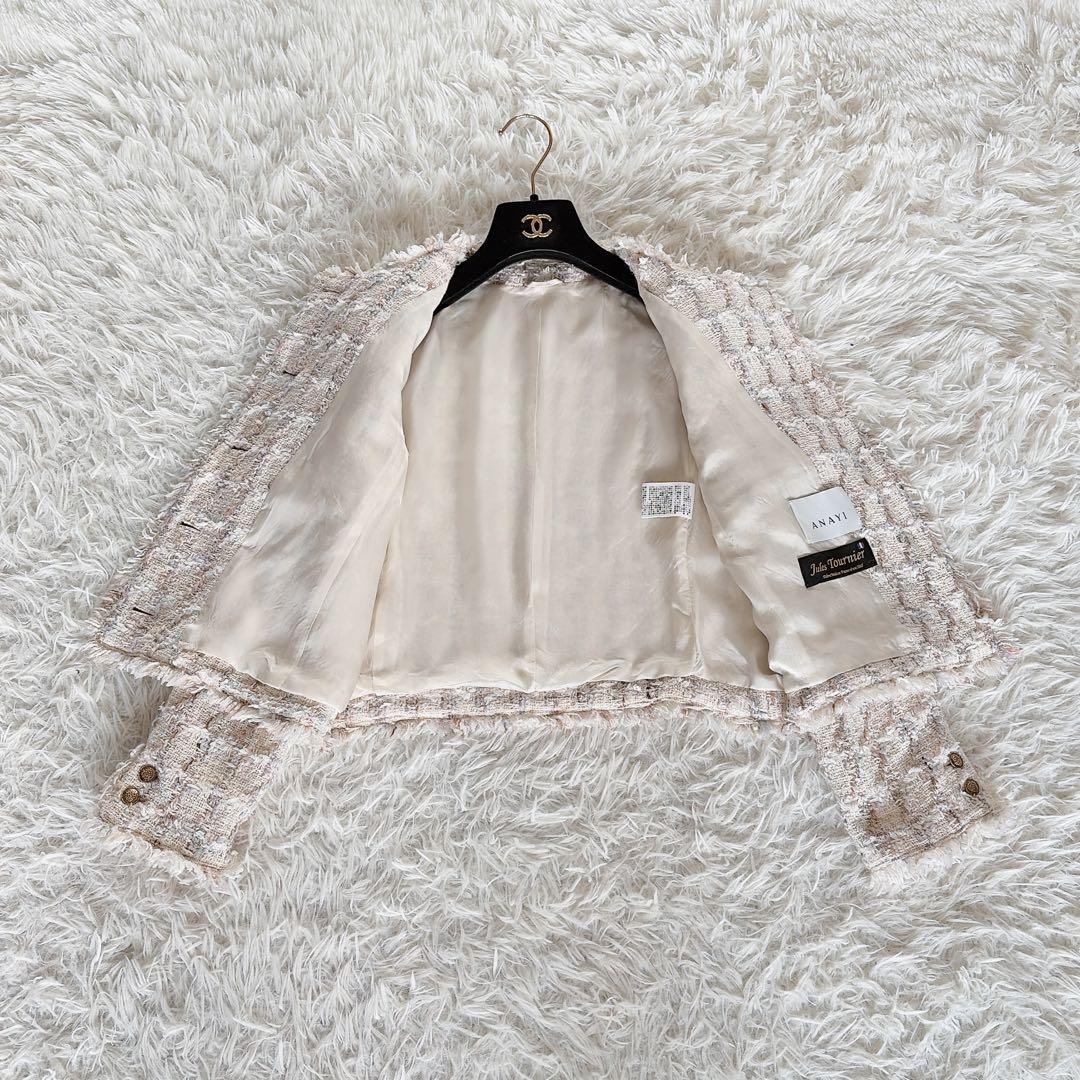 美品✨現行タグ【アナイ】ツイード金ボタンノーカラージャケット Tournier