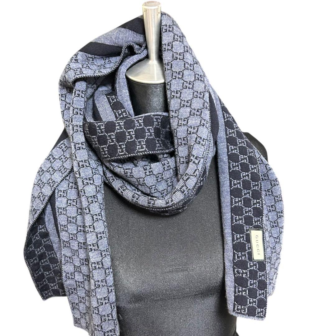 た*こ様 71605 Gucci ネイビー GG柄　ストライプ ウールマフラー