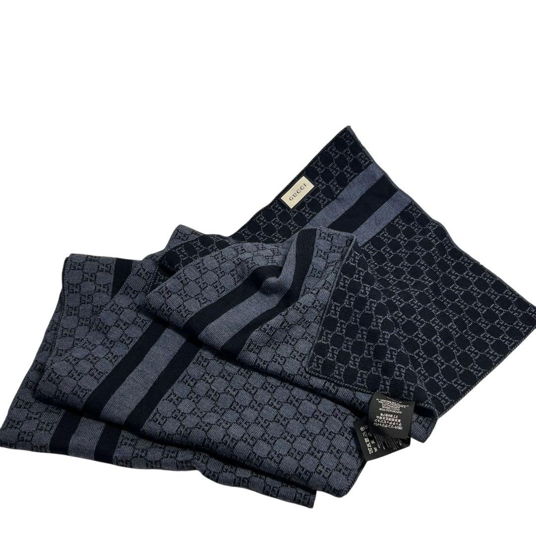 た*こ様 71605 Gucci ネイビー GG柄　ストライプ ウールマフラー