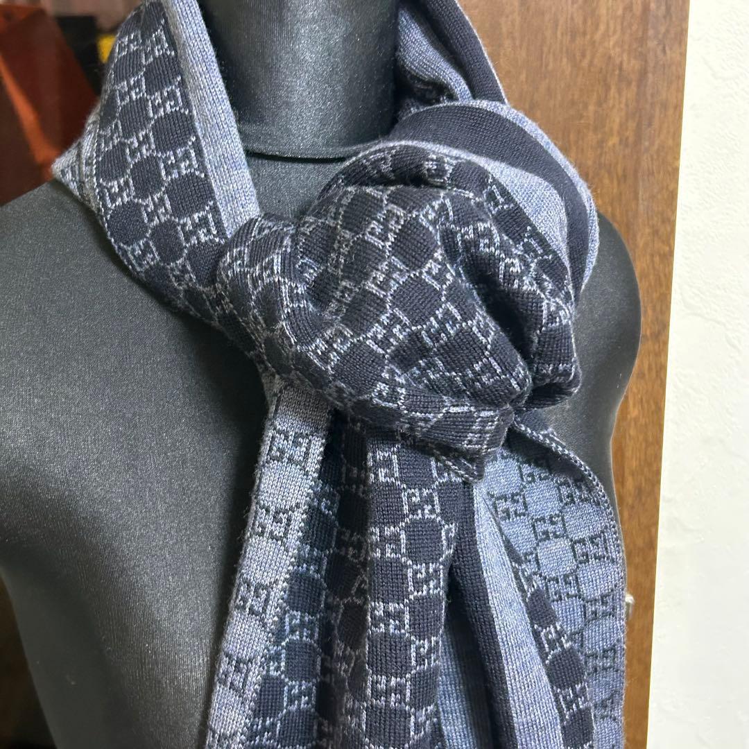た*こ様 71605 Gucci ネイビー GG柄　ストライプ ウールマフラー