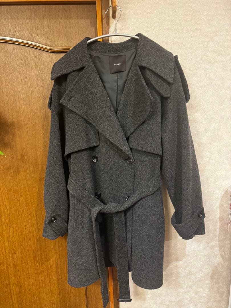 anuans リバーウールミドルトレンチコートチャコールグレー