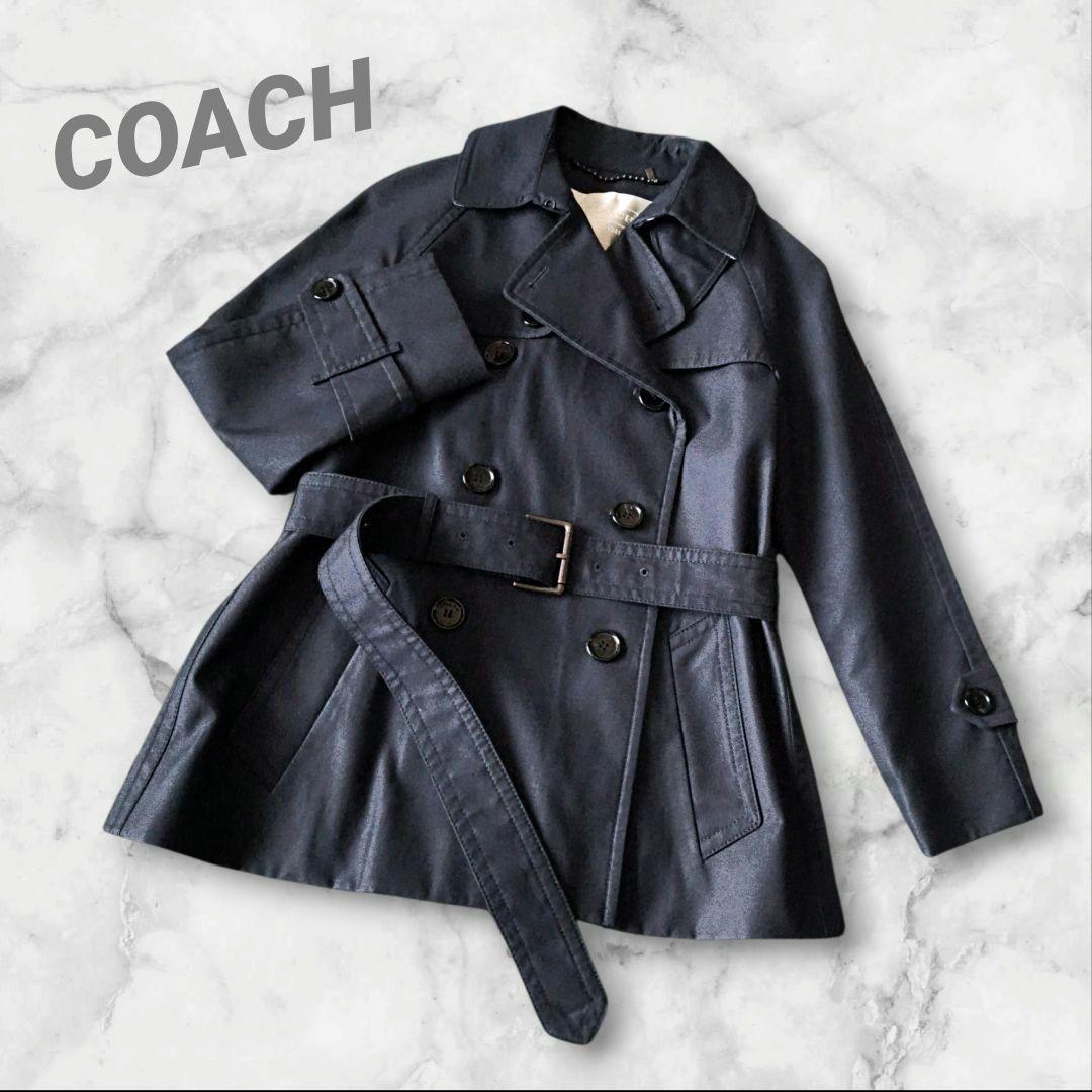 美品✨COACH ショートトレンチコート ダブルブレスト ベルト付 ネイビーM