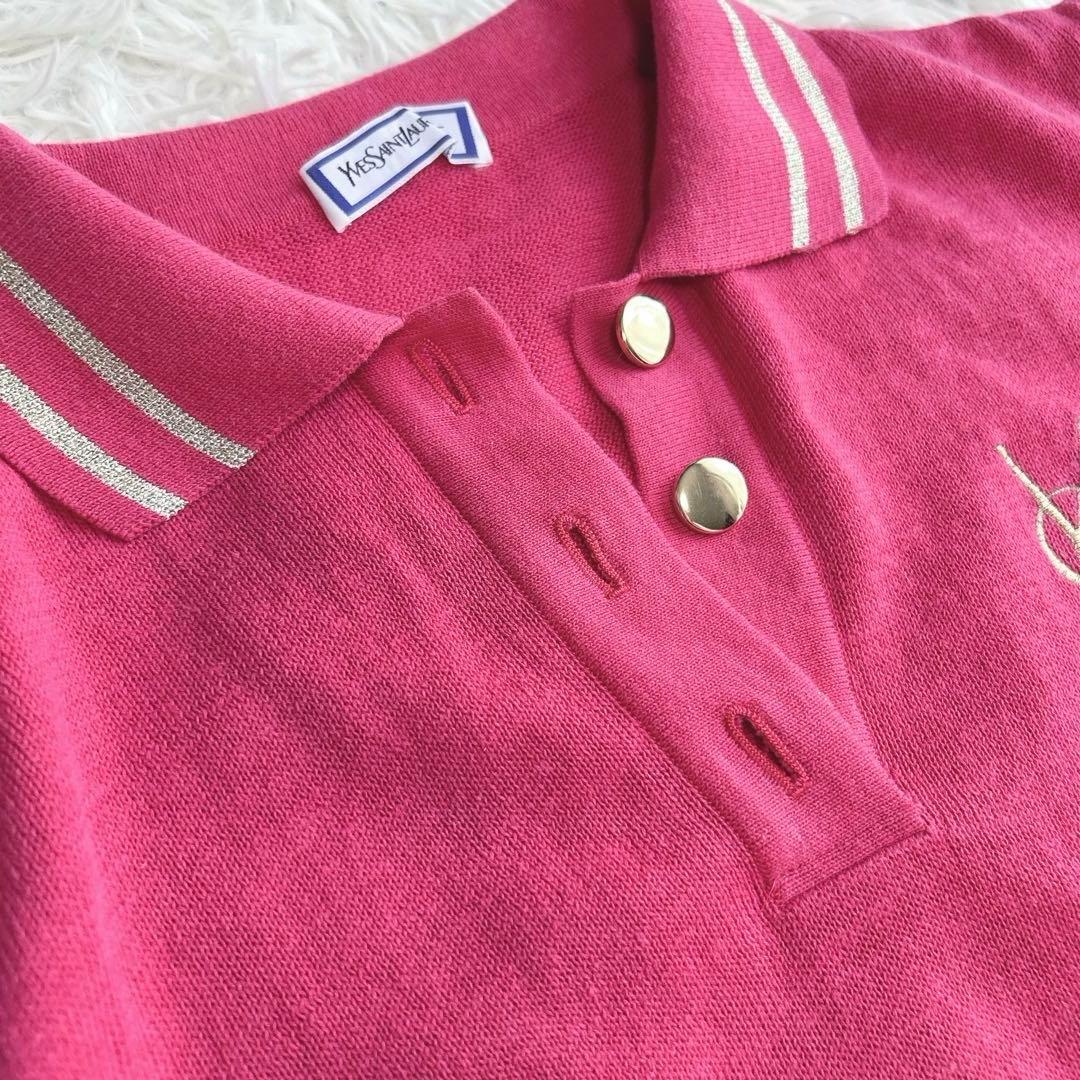 希少✨イヴサンローラン リネン混　ポロシャツ 半袖 金ボタン ロゴ刺繍　ピンク