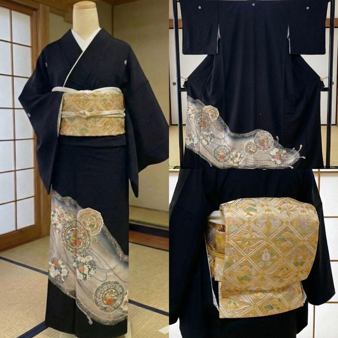 美品　正絹 黒留袖　4点フルセット 鳳凰　袋帯　結婚式　比翼仕立て　五つ紋