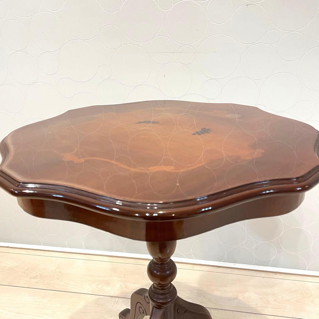 アンティーク調 サイドテーブル 花台 象嵌 天然木 クラシック 丸テーブル