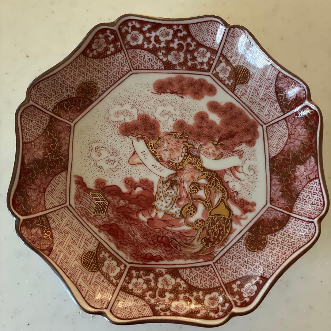 九谷焼　光山窯　赤絵　金彩　八角　輪花　銘々皿　５枚セット