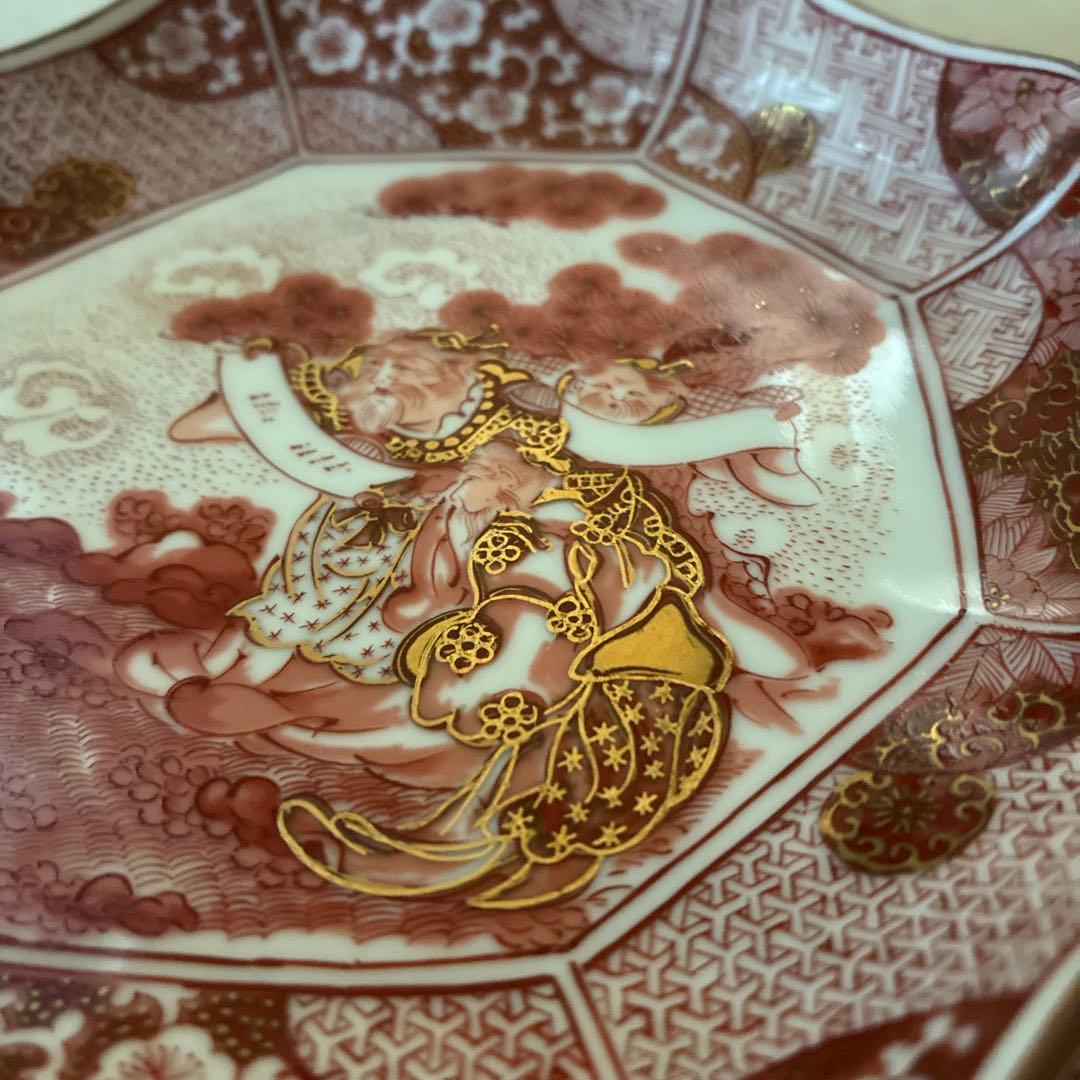 九谷焼　光山窯　赤絵　金彩　八角　輪花　銘々皿　５枚セット