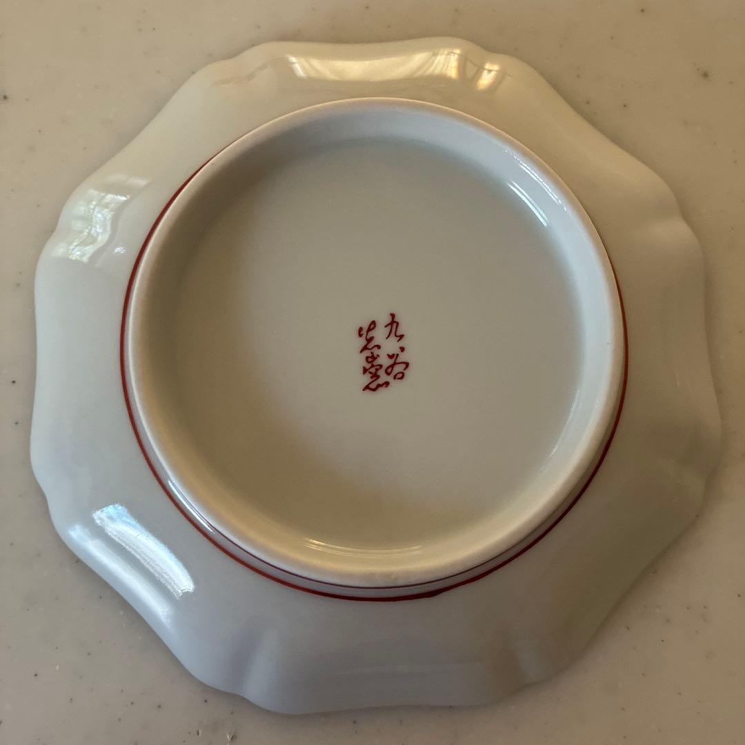 九谷焼　光山窯　赤絵　金彩　八角　輪花　銘々皿　５枚セット