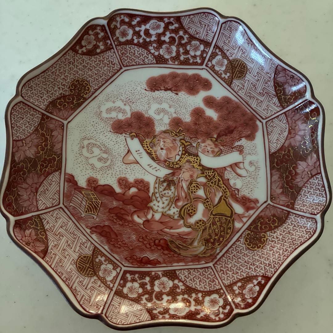 九谷焼　光山窯　赤絵　金彩　八角　輪花　銘々皿　５枚セット
