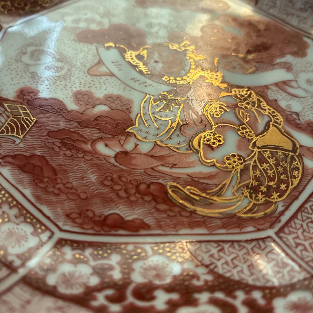 九谷焼　光山窯　赤絵　金彩　八角　輪花　銘々皿　５枚セット