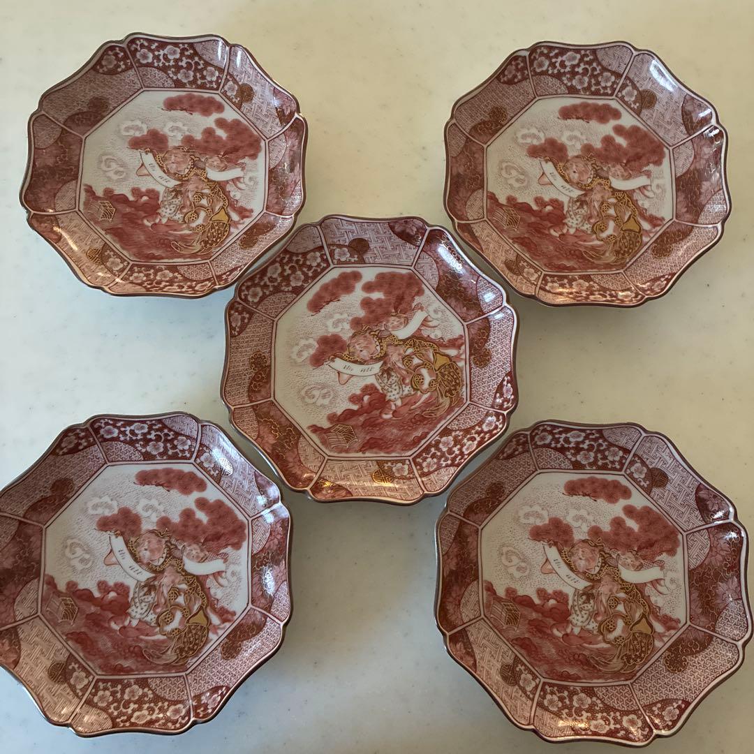 九谷焼　光山窯　赤絵　金彩　八角　輪花　銘々皿　５枚セット
