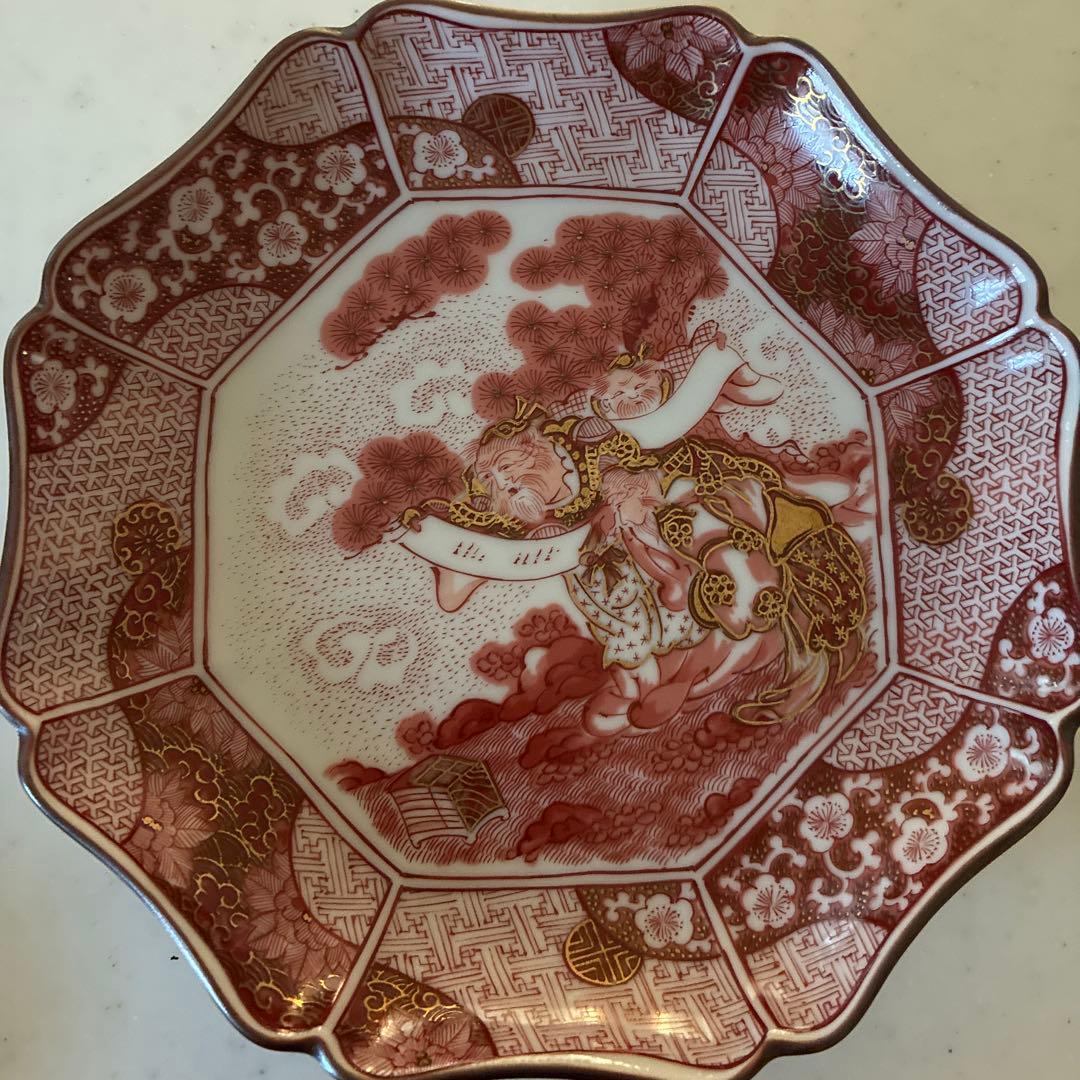 九谷焼　光山窯　赤絵　金彩　八角　輪花　銘々皿　５枚セット