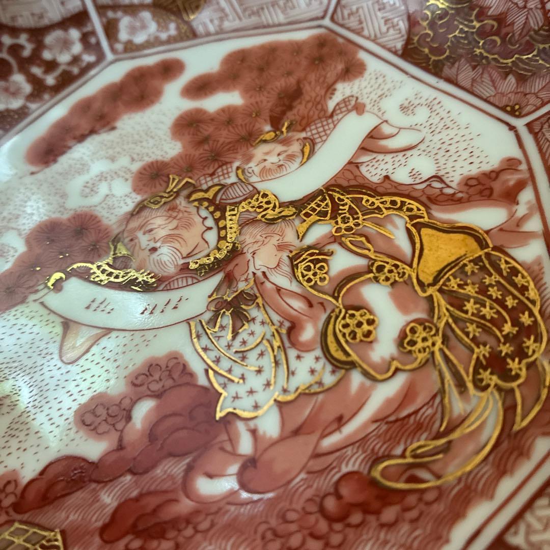 九谷焼　光山窯　赤絵　金彩　八角　輪花　銘々皿　５枚セット