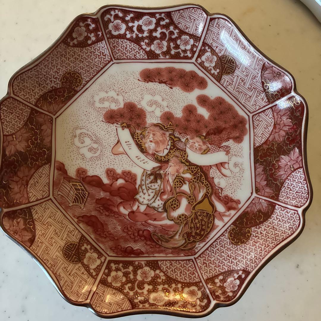 九谷焼　光山窯　赤絵　金彩　八角　輪花　銘々皿　５枚セット