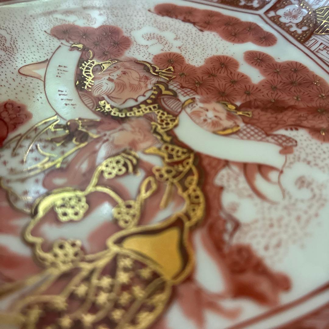 九谷焼　光山窯　赤絵　金彩　八角　輪花　銘々皿　５枚セット