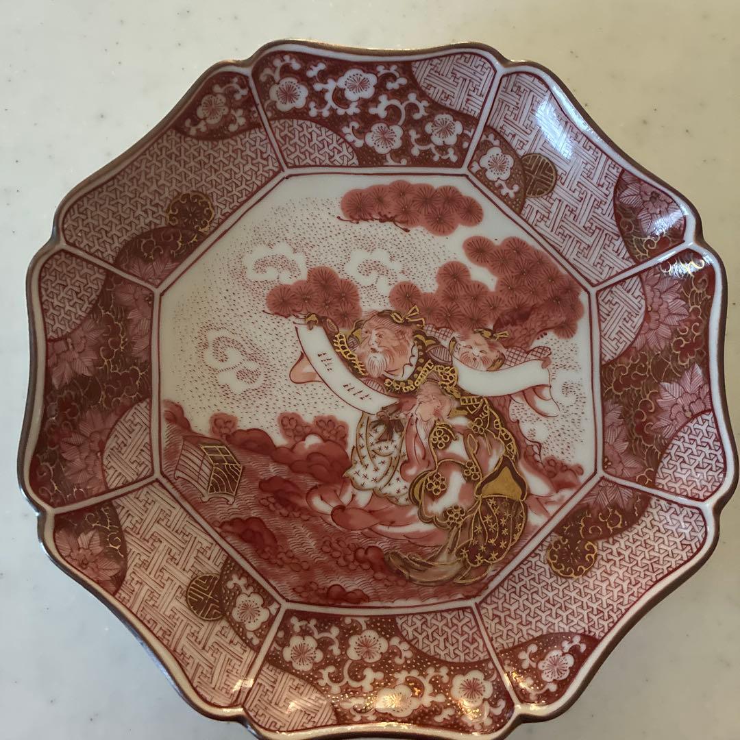 九谷焼　光山窯　赤絵　金彩　八角　輪花　銘々皿　５枚セット