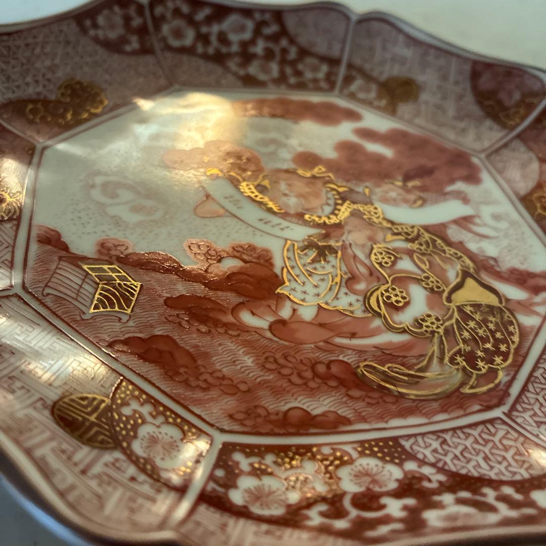 九谷焼　光山窯　赤絵　金彩　八角　輪花　銘々皿　５枚セット