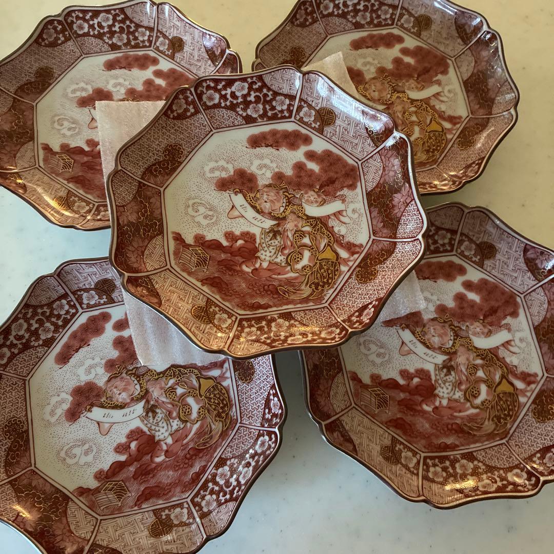 九谷焼　光山窯　赤絵　金彩　八角　輪花　銘々皿　５枚セット