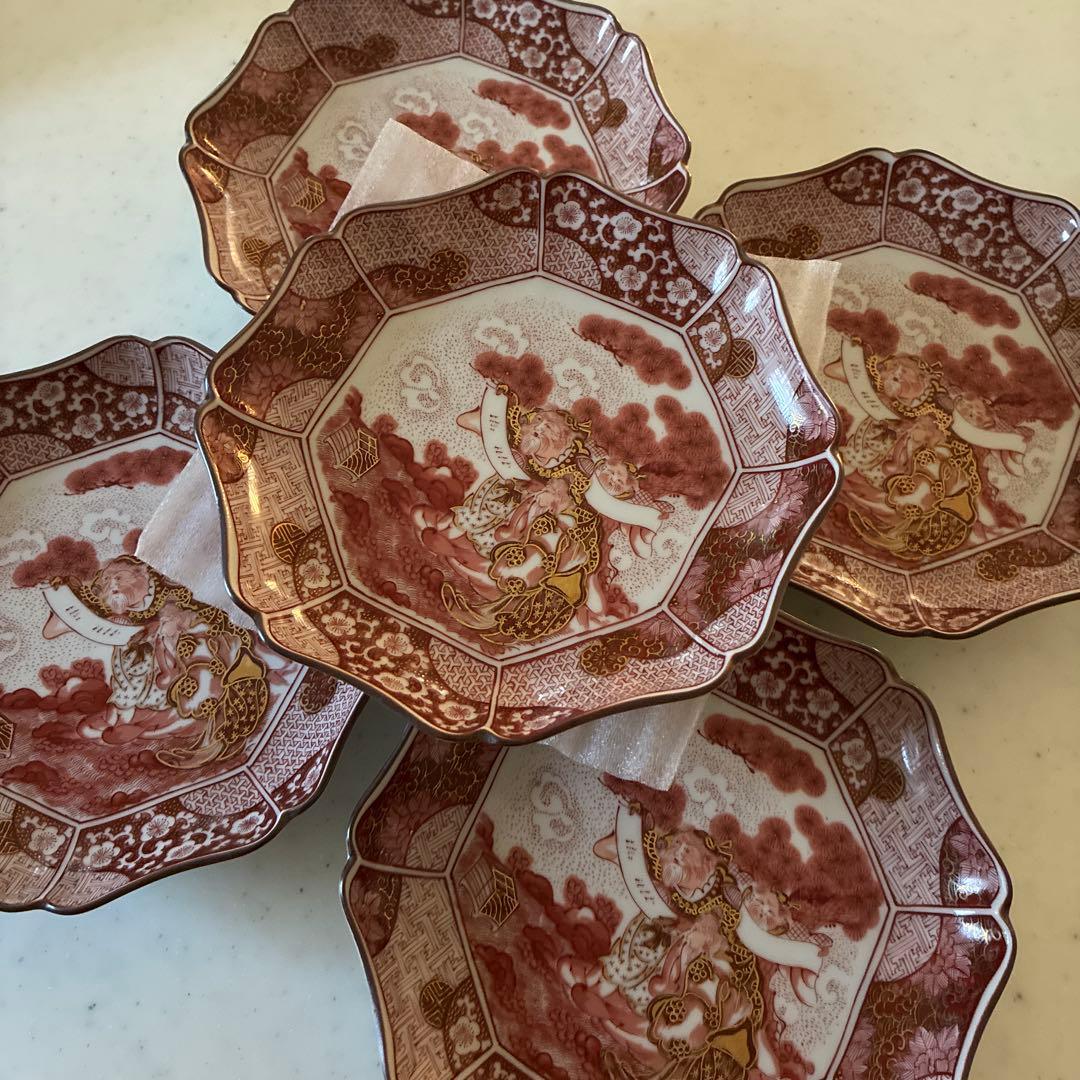 九谷焼　光山窯　赤絵　金彩　八角　輪花　銘々皿　５枚セット
