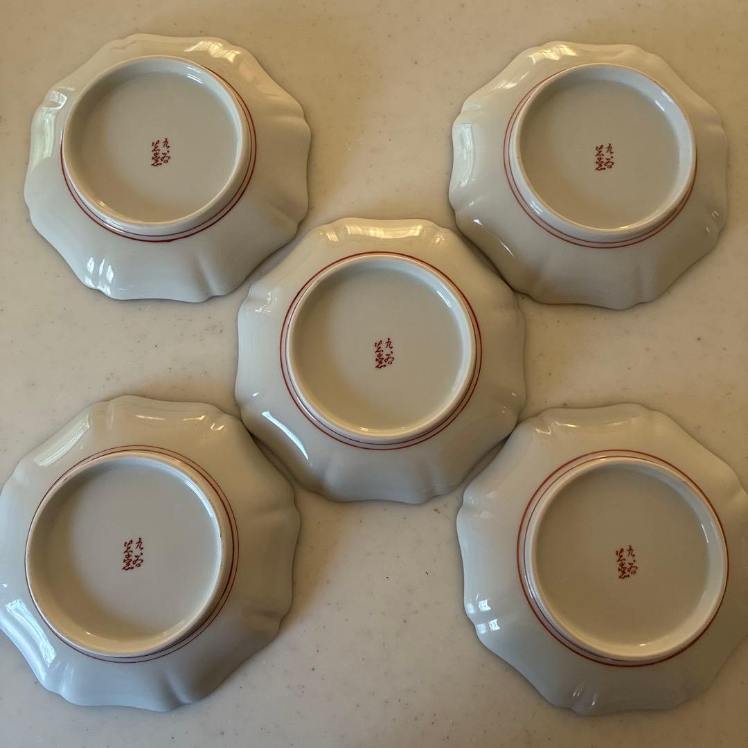 九谷焼　光山窯　赤絵　金彩　八角　輪花　銘々皿　５枚セット