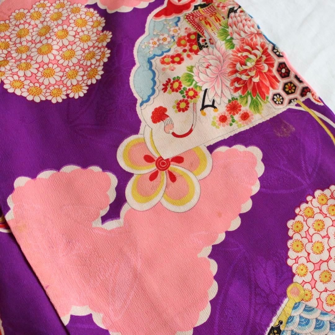 七五三 3歳 子供 女の子 アンティーク 紫 正絹 着物 被布 セット