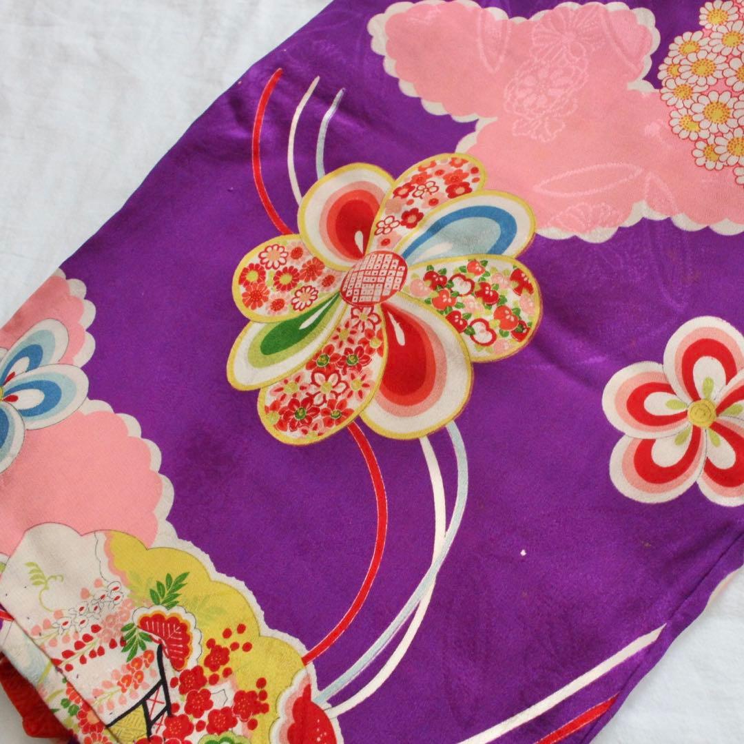 七五三 3歳 子供 女の子 アンティーク 紫 正絹 着物 被布 セット