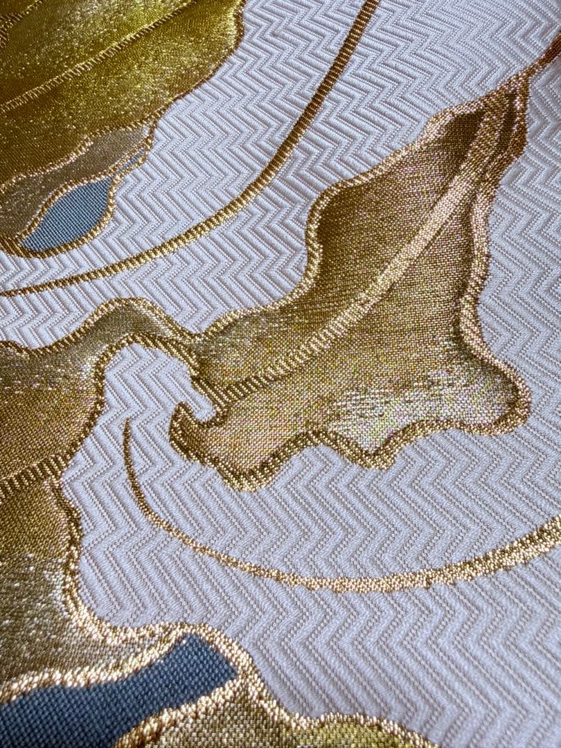 高級 袋帯 正絹 六通柄 佐賀錦 武一郎 落款入り 百合 ゴールド 唐織 ブルー